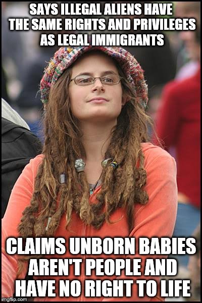 The Murderous Left Isn't Right | SAYS ILLEGAL ALIENS HAVE THE SAME RIGHTS AND PRIVILEGES AS LEGAL IMMIGRANTS; CLAIMS UNBORN BABIES AREN'T PEOPLE AND HAVE NO RIGHT TO LIFE | image tagged in college liberal,abortion is murder,abortion,illegal immigrant,illegal immigration,immigrant | made w/ Imgflip meme maker