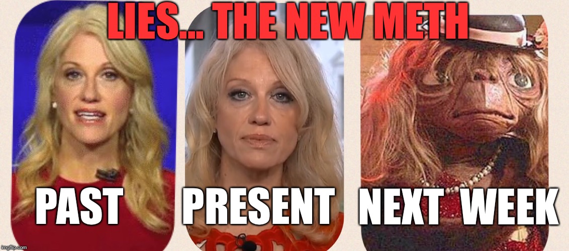 Alternative Facts- Just Say No | LIES... THE NEW METH; PAST; PRESENT; NEXT 
WEEK | image tagged in kellyanne conway alternative facts | made w/ Imgflip meme maker