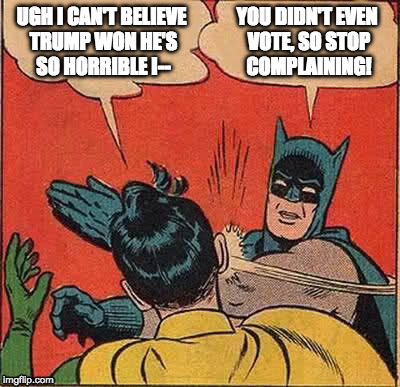 Don't you hate those people who who won/lost the election even though they didn't bother to vote? | UGH I CAN'T BELIEVE TRUMP WON HE'S SO HORRIBLE I--; YOU DIDN'T EVEN VOTE, SO STOP COMPLAINING! | image tagged in memes,batman slapping robin,election,america,politics | made w/ Imgflip meme maker
