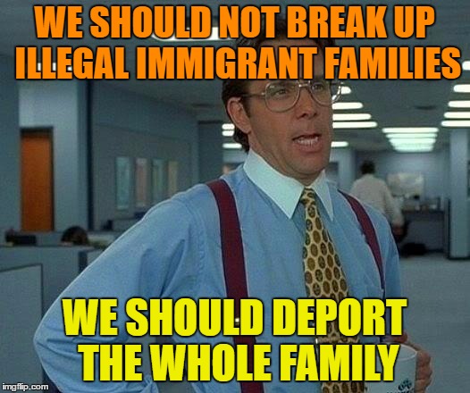 Nothing says the Kids Can't Go With the Parents ! | WE SHOULD NOT BREAK UP ILLEGAL IMMIGRANT FAMILIES; WE SHOULD DEPORT THE WHOLE FAMILY | image tagged in memes,that would be great,deportation,illegal immigrants | made w/ Imgflip meme maker