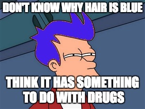 Blue Futurama Fry Meme | DON'T KNOW WHY HAIR IS BLUE; THINK IT HAS SOMETHING TO DO WITH DRUGS | image tagged in memes,blue futurama fry | made w/ Imgflip meme maker