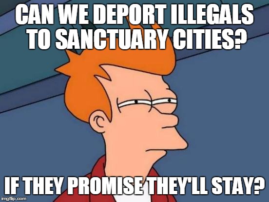 Futurama Fry Meme | CAN WE DEPORT ILLEGALS TO SANCTUARY CITIES? IF THEY PROMISE THEY'LL STAY? | image tagged in memes,futurama fry | made w/ Imgflip meme maker