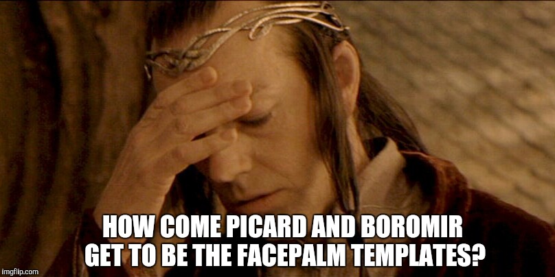 Upvote if you think Lord Elrond is as good as Picard and Boromir at facepalming  | HOW COME PICARD AND BOROMIR GET TO BE THE FACEPALM TEMPLATES? | image tagged in lord elrond,captain picard facepalm,facepalm,frustrated boromir,lord of the rings,memes | made w/ Imgflip meme maker