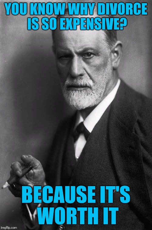 Sigmund Freud | YOU KNOW WHY DIVORCE IS SO EXPENSIVE? BECAUSE IT'S WORTH IT | image tagged in memes,sigmund freud | made w/ Imgflip meme maker