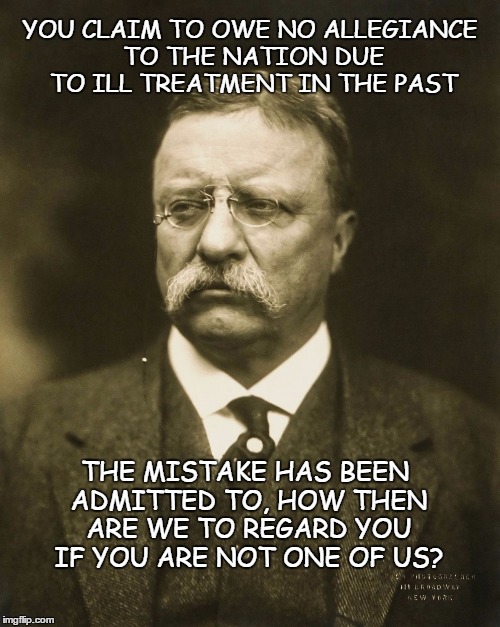 teddy roosevelt | YOU CLAIM TO OWE NO ALLEGIANCE TO THE NATION DUE TO ILL TREATMENT IN THE PAST; THE MISTAKE HAS BEEN ADMITTED TO,
HOW THEN ARE WE TO REGARD YOU IF YOU ARE NOT ONE OF US? | image tagged in teddy roosevelt | made w/ Imgflip meme maker