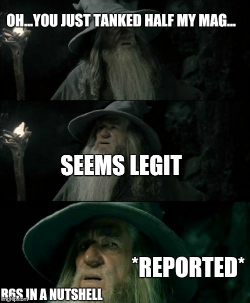 Rainbow 6 Siege in a nutshell. | OH...YOU JUST TANKED HALF MY MAG... SEEMS LEGIT; *REPORTED*; R6S IN A NUTSHELL | image tagged in memes,confused gandalf | made w/ Imgflip meme maker
