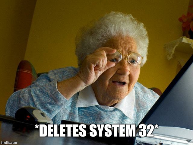 Grandma Finds The Internet | *DELETES SYSTEM 32* | image tagged in memes,grandma finds the internet | made w/ Imgflip meme maker