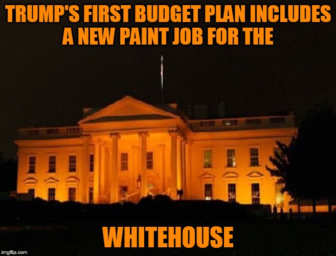 Orange Is The New White! | TRUMP'S FIRST BUDGET PLAN INCLUDES A NEW PAINT JOB FOR THE; WHITEHOUSE | image tagged in funny memes,donald trump,white house,orange,memes,jokes | made w/ Imgflip meme maker