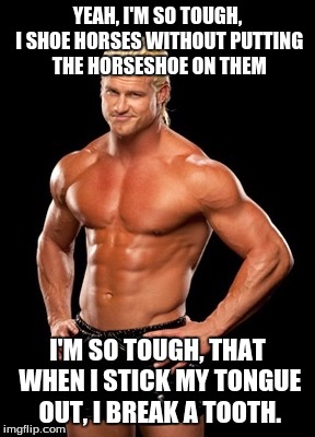 We've seen him before, haven't we? | YEAH, I'M SO TOUGH, I SHOE HORSES WITHOUT PUTTING THE HORSESHOE ON THEM; I'M SO TOUGH, THAT WHEN I STICK MY TONGUE OUT, I BREAK A TOOTH. | image tagged in memes,dolph ziggler sells | made w/ Imgflip meme maker