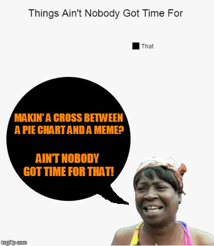 Presumably lol so funny title | MAKIN' A CROSS BETWEEN A PIE CHART AND A MEME? AIN'T NOBODY GOT TIME FOR THAT! | image tagged in pie charts,memes,ain't nobody got time for that,sweet brown,memestrocity,what is that | made w/ Imgflip meme maker