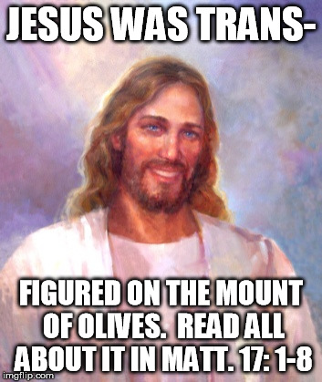 Read the Bible yall. | JESUS WAS TRANS-; FIGURED ON THE MOUNT OF OLIVES.  READ ALL ABOUT IT IN MATT. 17: 1-8 | image tagged in memes,smiling jesus,trans,bible | made w/ Imgflip meme maker