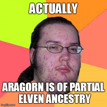 Butthurt Dweller Meme | ACTUALLY ARAGORN IS OF PARTIAL ELVEN ANCESTRY | image tagged in memes,butthurt dweller | made w/ Imgflip meme maker