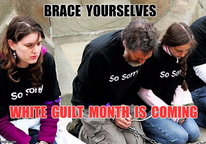White shaming is coming | BRACE  YOURSELVES; WHITE  GUILT  MONTH  IS  COMING | image tagged in white guilt month,white privilege,white,white people,white guilt,shame | made w/ Imgflip meme maker