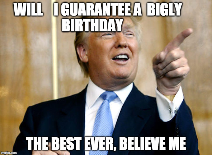 Donald Trump Pointing | WILL


 I GUARANTEE A 
BIGLY                  BIRTHDAY; THE BEST EVER, BELIEVE ME | image tagged in donald trump pointing | made w/ Imgflip meme maker