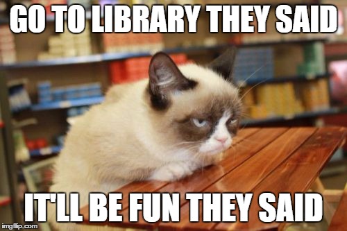 Grumpy Cat Table | GO TO LIBRARY THEY SAID; IT'LL BE FUN THEY SAID | image tagged in memes,grumpy cat table,grumpy cat | made w/ Imgflip meme maker