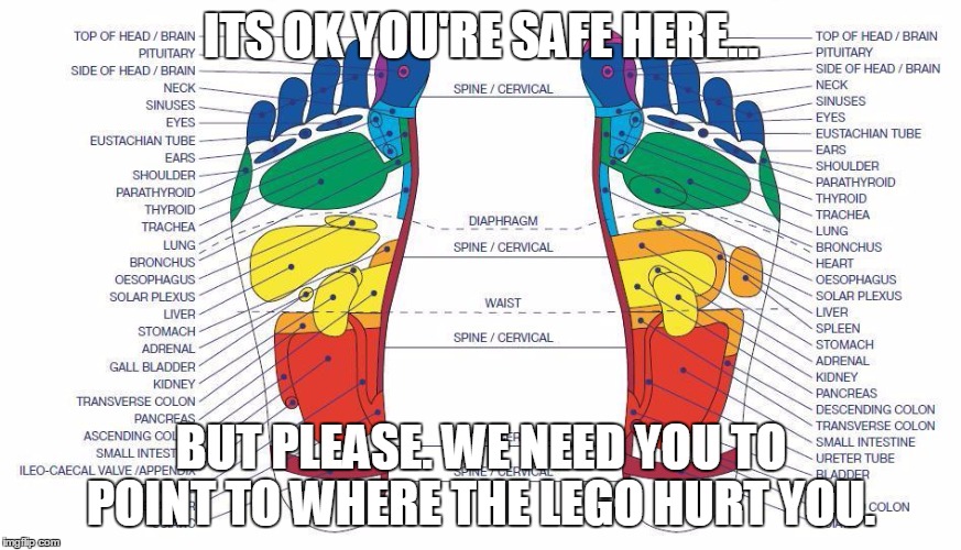 Lego week 2017 | ITS OK YOU'RE SAFE HERE... BUT PLEASE. WE NEED YOU TO POINT TO WHERE THE LEGO HURT YOU. | image tagged in lego,feet | made w/ Imgflip meme maker
