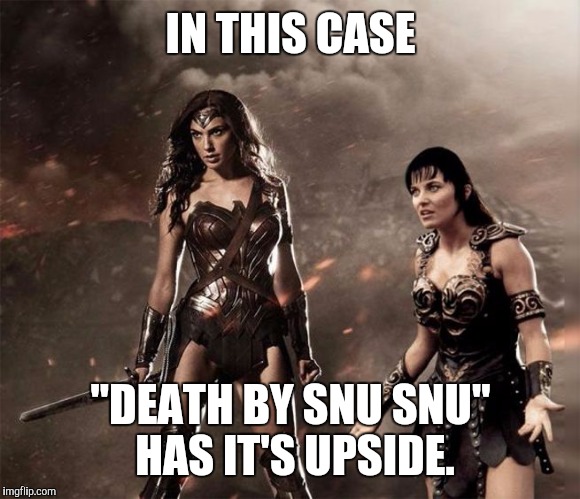 Wonder Woman and Xena | IN THIS CASE; "DEATH BY SNU SNU" HAS IT'S UPSIDE. | image tagged in memes,wonder woman,xena warrior princess,amazon,snu snu | made w/ Imgflip meme maker