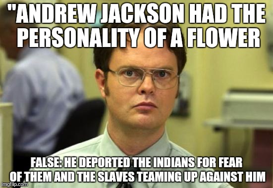 Just a little fun-fact for Trump supporters who hate Andrew Jackson. As for everyone else, Trump is Jackson reincarnated. | "ANDREW JACKSON HAD THE PERSONALITY OF A FLOWER; FALSE: HE DEPORTED THE INDIANS FOR FEAR OF THEM AND THE SLAVES TEAMING UP AGAINST HIM | image tagged in memes,dwight schrute | made w/ Imgflip meme maker