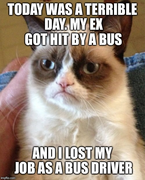Grumpy Cat | TODAY WAS A TERRIBLE DAY. MY EX GOT HIT BY A BUS; AND I LOST MY JOB AS A BUS DRIVER | image tagged in memes,grumpy cat | made w/ Imgflip meme maker