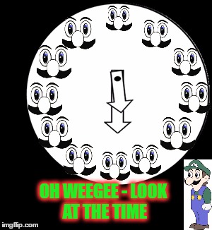 WeeGee Time | OH WEEGEE - LOOK AT THE TIME | image tagged in look at the time,luigi,luigi death stare,weegee | made w/ Imgflip meme maker