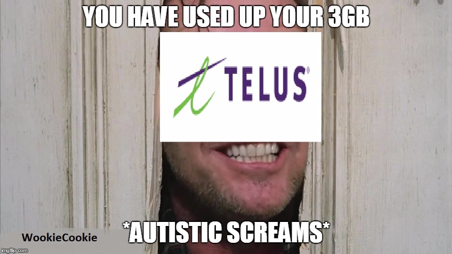 Here's Telus! | YOU HAVE USED UP YOUR
3GB; *AUTISTIC SCREAMS* | image tagged in telus,here's johnny,memes,funny,funniest | made w/ Imgflip meme maker