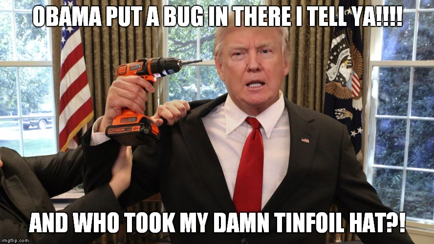 Trump's Gone Buggy | OBAMA PUT A BUG IN THERE I TELL YA!!!! AND WHO TOOK MY DAMN TINFOIL HAT?! | image tagged in donald trump is an idiot,trump is an asshole,wire tap,bugs | made w/ Imgflip meme maker