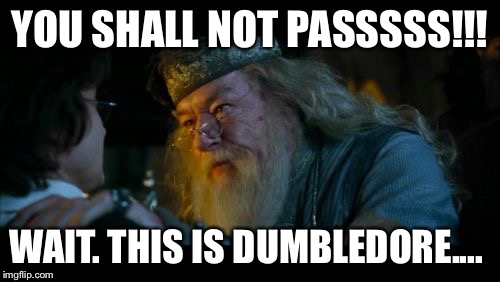 Angry Dumbledore | YOU SHALL NOT PASSSSS!!! WAIT. THIS IS DUMBLEDORE.... | image tagged in memes,angry dumbledore | made w/ Imgflip meme maker