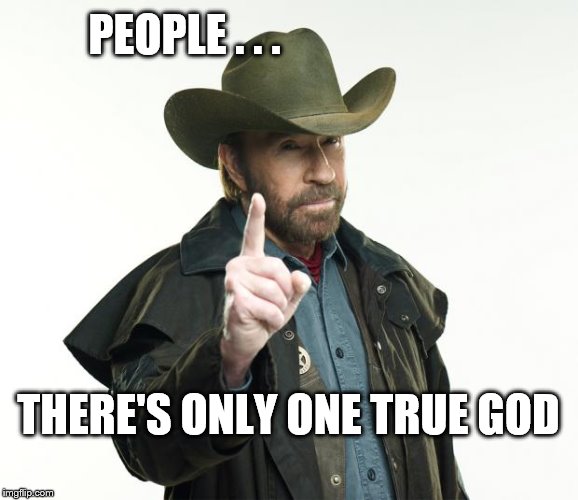 Chuck Norris Finger Meme | PEOPLE . . . THERE'S ONLY ONE TRUE GOD | image tagged in memes,chuck norris finger,chuck norris | made w/ Imgflip meme maker