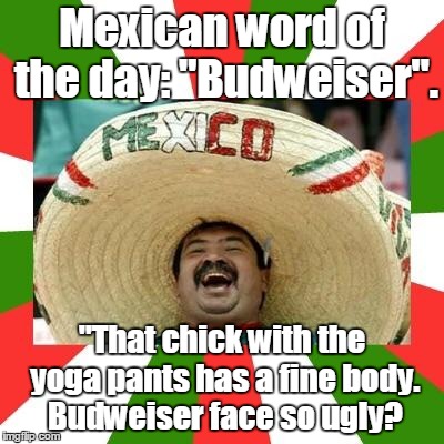 Two subjects at once.Yoga pants week. A Tetsouwrath/Lynch1979 event. | Mexican word of the day: "Budweiser". "That chick with the yoga pants has a fine body. Budweiser face so ugly? | image tagged in yoga pants week,mexican,budweiser,funny meme | made w/ Imgflip meme maker