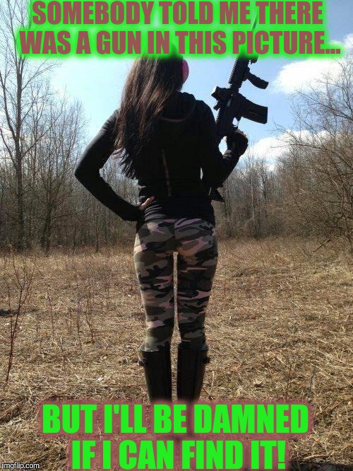 Am I missing something? Yoga pants week! A Tet/Lynch event! | SOMEBODY TOLD ME THERE WAS A GUN IN THIS PICTURE... BUT I'LL BE DAMNED IF I CAN FIND IT! | image tagged in yoga pants,yoga pants week,camouflage | made w/ Imgflip meme maker