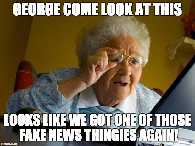 Old lady at computer finds the Internet | GEORGE COME LOOK AT THIS; LOOKS LIKE WE GOT ONE OF THOSE FAKE NEWS THINGIES AGAIN! | image tagged in old lady at computer finds the internet | made w/ Imgflip meme maker