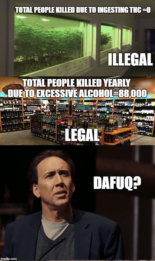 Rick and Carl 3 | TOTAL PEOPLE KILLED DUE TO INGESTING THC =0; ILLEGAL; TOTAL PEOPLE KILLED YEARLY DUE TO EXCESSIVE ALCOHOL=88,000; LEGAL; DAFUQ? | image tagged in memes,rick and carl 3,scumbag | made w/ Imgflip meme maker