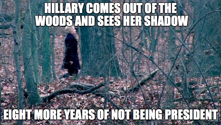 Groundhog Election | HILLARY COMES OUT OF THE WOODS AND SEES HER SHADOW; EIGHT MORE YEARS OF NOT BEING PRESIDENT | image tagged in hillary,trump,election | made w/ Imgflip meme maker