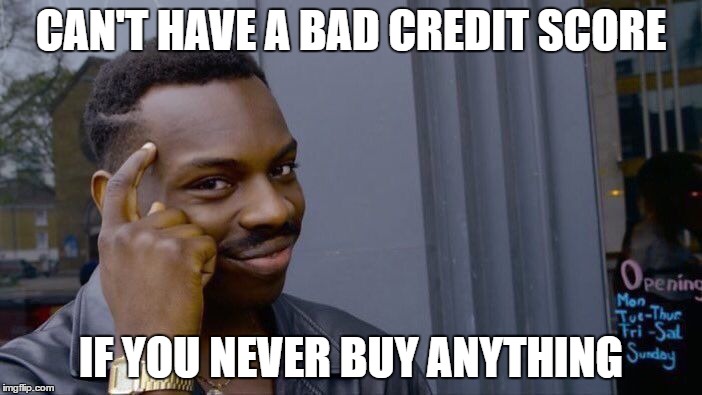 Roll Safe Think About It Meme | CAN'T HAVE A BAD CREDIT SCORE; IF YOU NEVER BUY ANYTHING | image tagged in roll safe think about it | made w/ Imgflip meme maker