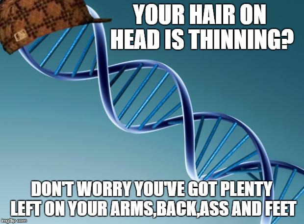 Scumbag Dna | YOUR HAIR ON HEAD IS THINNING? DON'T WORRY YOU'VE GOT PLENTY LEFT ON YOUR ARMS,BACK,ASS AND FEET | image tagged in scumbag dna | made w/ Imgflip meme maker