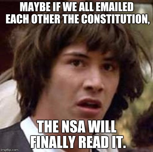 THE NSA IS WATCHING US!!!! | MAYBE IF WE ALL EMAILED EACH OTHER THE CONSTITUTION, THE NSA WILL FINALLY READ IT. | image tagged in memes,conspiracy keanu | made w/ Imgflip meme maker