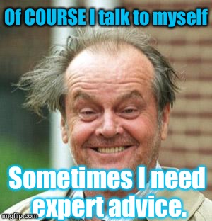 Don't YOU? | Of COURSE I talk to myself; Sometimes I need expert advice. | image tagged in jack nicholson crazy hair,memes,too funny | made w/ Imgflip meme maker