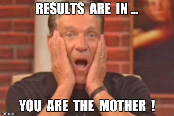 Shocking ! | RESULTS  ARE  IN ... YOU  ARE  THE  MOTHER  ! | image tagged in father,maury povich | made w/ Imgflip meme maker