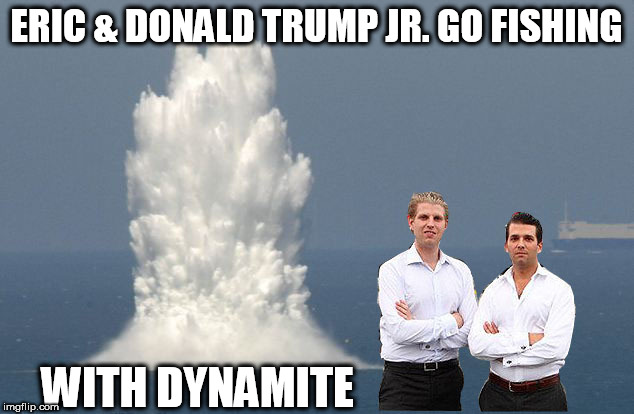 Eric & Donald Trump Jr. go fishing
With Dynamite | ERIC & DONALD TRUMP JR. GO FISHING; WITH DYNAMITE | image tagged in eric trump,donald trump no2,fishing,dynamite | made w/ Imgflip meme maker