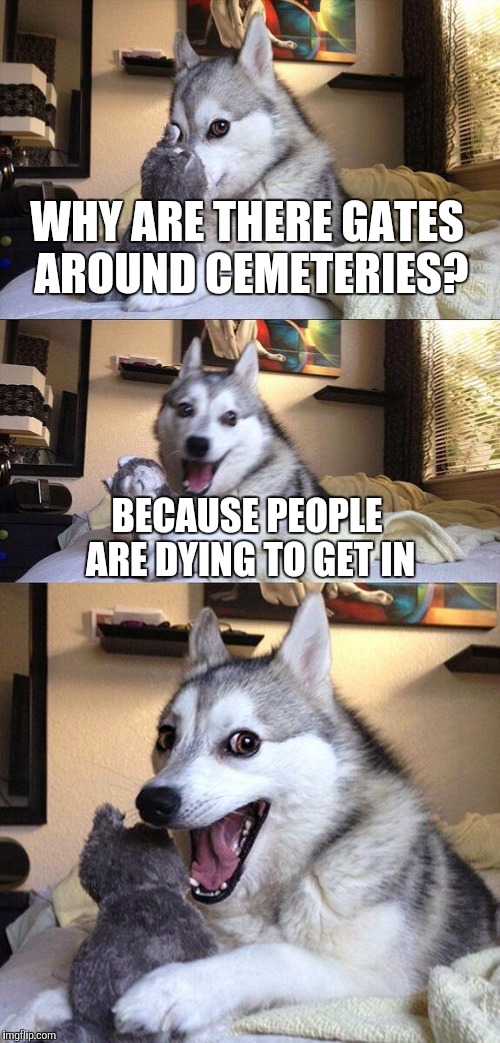 Bad Pun Dog | WHY ARE THERE GATES AROUND CEMETERIES? BECAUSE PEOPLE ARE DYING TO GET IN | image tagged in memes,bad pun dog,funny,cemetery | made w/ Imgflip meme maker