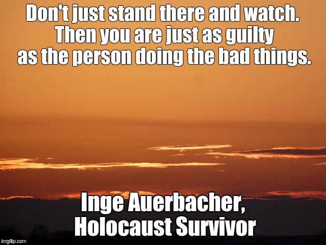 Don't just stand there and watch. Then you are just as guilty as the person doing the bad things. Inge Auerbacher, Holocaust Survivor | image tagged in mikesnoworg,holocaust,inge auerbacher | made w/ Imgflip meme maker