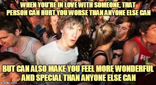 ᒪ〇ᐯᕮ | WHEN YOU'RE IN LOVE WITH SOMEONE, THAT PERSON CAN HURT YOU WORSE THAN ANYONE ELSE CAN; BUT CAN ALSO MAKE YOU FEEL MORE WONDERFUL AND SPECIAL THAN ANYONE ELSE CAN | image tagged in memes,sudden clarity clarence,men and women,love,romance,relationships | made w/ Imgflip meme maker