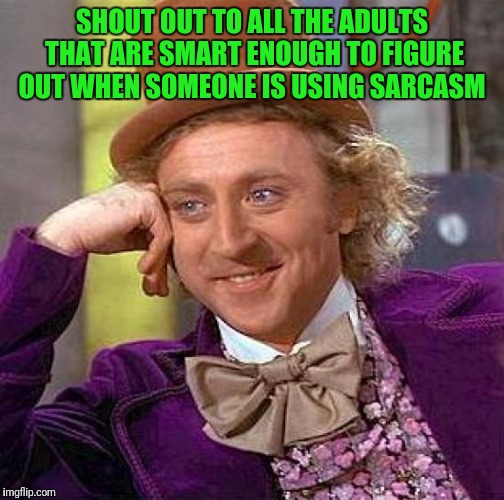 Creepy Condescending Wonka Meme | SHOUT OUT TO ALL THE ADULTS THAT ARE SMART ENOUGH TO FIGURE OUT WHEN SOMEONE IS USING SARCASM | image tagged in memes,creepy condescending wonka | made w/ Imgflip meme maker