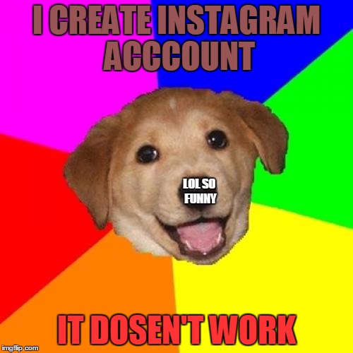 Advice Dog | I CREATE INSTAGRAM ACCCOUNT; LOL SO FUNNY; IT DOSEN'T WORK | image tagged in memes,advice dog,instagram | made w/ Imgflip meme maker