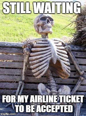 Waiting Skeleton | STILL WAITING; FOR MY AIRLINE TICKET TO BE ACCEPTED | image tagged in memes,waiting skeleton | made w/ Imgflip meme maker
