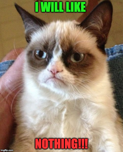 Grumpy Cat Meme | I WILL LIKE NOTHING!!! | image tagged in memes,grumpy cat | made w/ Imgflip meme maker