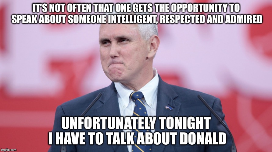 Mike Pence VP | IT'S NOT OFTEN THAT ONE GETS THE OPPORTUNITY TO SPEAK ABOUT SOMEONE INTELLIGENT, RESPECTED AND ADMIRED; UNFORTUNATELY TONIGHT I HAVE TO TALK ABOUT DONALD | image tagged in mike pence vp | made w/ Imgflip meme maker