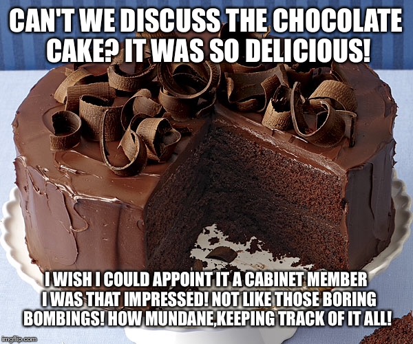 CAN'T WE DISCUSS THE CHOCOLATE CAKE? IT WAS SO DELICIOUS! I WISH I COULD APPOINT IT A CABINET MEMBER  I WAS THAT IMPRESSED! NOT LIKE THOSE B | made w/ Imgflip meme maker