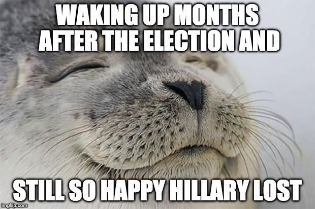 Seriously, America dodged a HUGE bullet.  | WAKING UP MONTHS AFTER THE ELECTION AND; STILL SO HAPPY HILLARY LOST | image tagged in memes,satisfied seal,clinton,bacon,trump | made w/ Imgflip meme maker