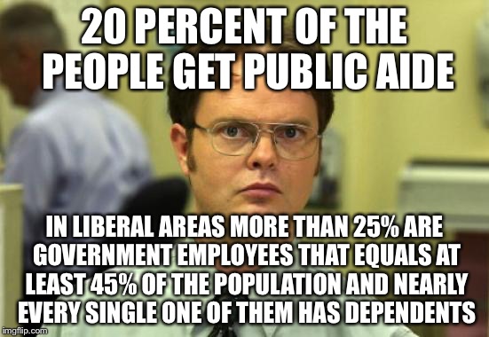 20 PERCENT OF THE PEOPLE GET PUBLIC AIDE IN LIBERAL AREAS MORE THAN 25% ARE GOVERNMENT EMPLOYEES THAT EQUALS AT LEAST 45% OF THE POPULATION  | made w/ Imgflip meme maker